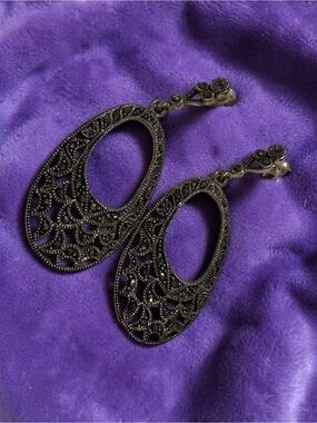 Black Filigree Oval Drop Earrings - Women Jewelry
